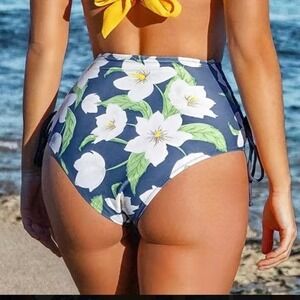 NEW Cupshe High Waist Bikini Bottom Swim Women's XL Blue White Green Floral